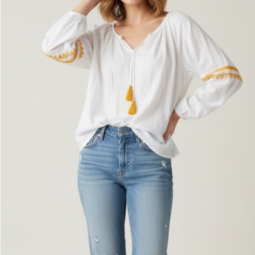 J. Crew White Blouse with Orange Tassels